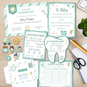 May include: A collection of Tooth Fairy themed stationery in shades of teal and gold. Includes a certificate, official receipts, a tooth tracker, a letter, and decorative stickers. The text includes the name "Riley Morgan".