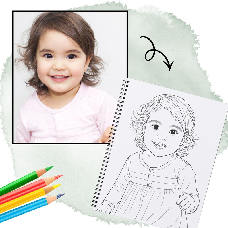 May include: A photograph of a smiling child next to a line drawing of the same child in a spiral-bound notebook. Colored pencils in green, red, yellow, and blue are in the lower left corner. The child in the photo is wearing a pink dress.