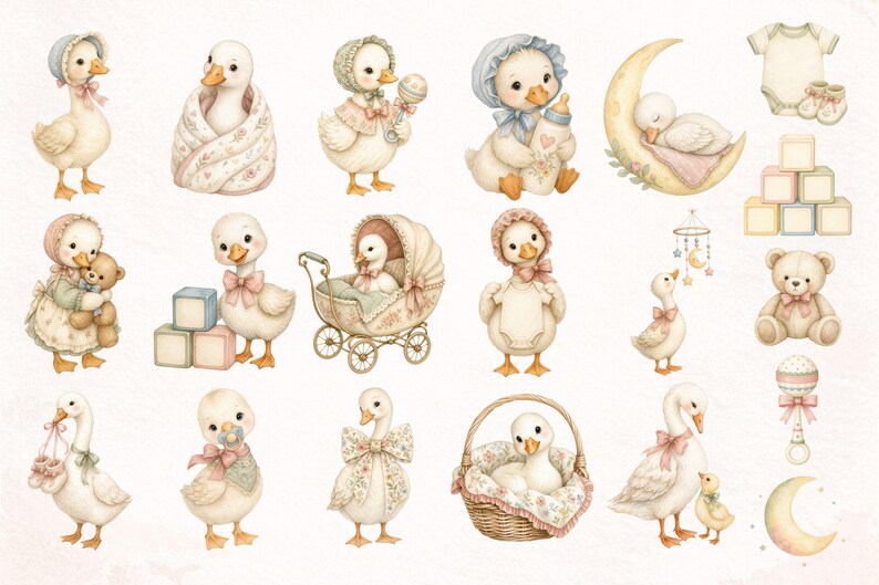 Baby Shower Goose Watercolor Clipart Bundle, Nursery Duckling PNG for ...