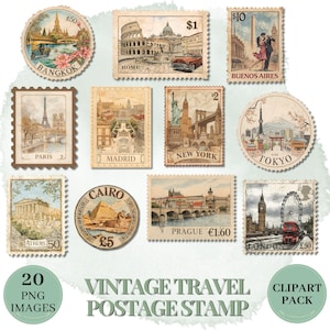 Op de afbeelding: Een verzameling vintage reispostzegels met iconische bezienswaardigheden van over de hele wereld. De postzegels tonen bestemmingen als Parijs, Rome, New York en Tokio, met prijzen en stadsnamen. De tekst "VINTAGE TRAVEL POSTAGE STAMP" is inbegrepen.