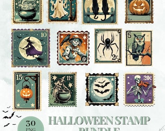 Pacchetto di clipart di francobolli vintage di Halloween, PNG retrò spettrali (download digitale)