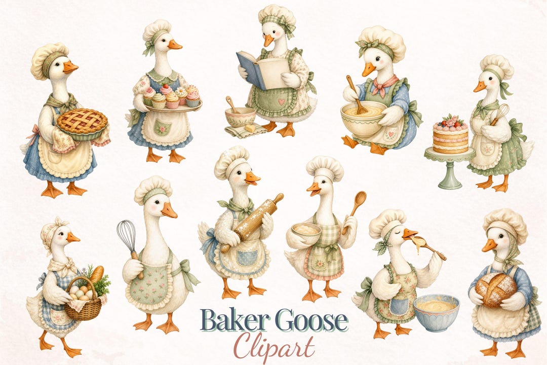 Baker Goose Watercolor Clipart Bundle, Cottage Kitchen Baking PNG for ...
