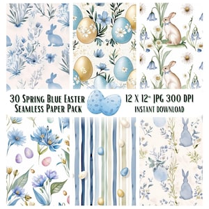 May include: A digital paper pack with 30 seamless patterns featuring blue Easter eggs, bunnies, flowers, and stripes. The patterns are 12 inches by 12 inches and 300 DPI.