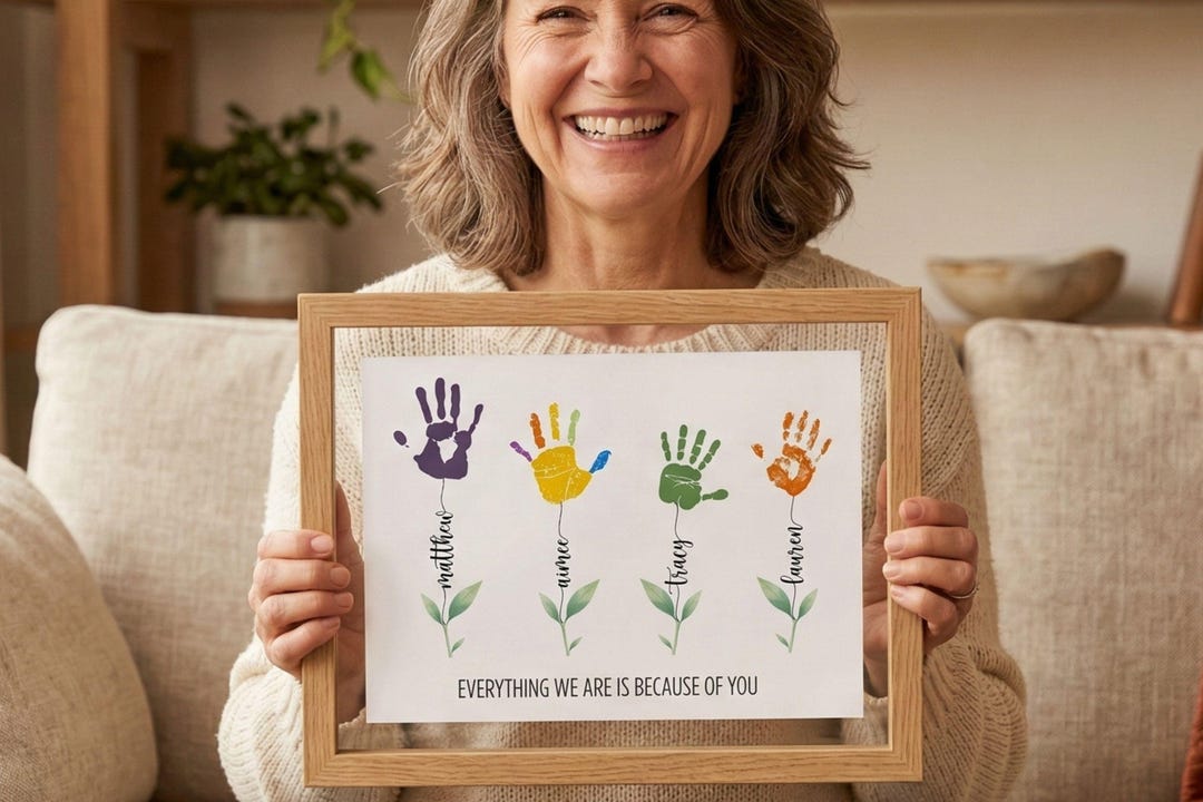 Custom Handprint Art Print, Kids Name Flower Stem, Gift for Mom Dad ...
