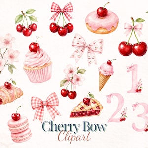 May include: A collection of watercolour illustrations featuring cherries, bows, and various desserts. The image includes a pink milkshake, cupcake, ice cream cone, croissant, pie, macarons, and a jar of cherry preserves. The text "Cherry Bow Clipart" is also included.