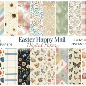 May include: A set of 24 digital seamless papers featuring diverse patterns such as stripes, floral motifs, and watercolour textures. The papers are titled "Easter Happy Mail" and measure 30.48 x 30.48 cm.