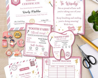 Editierbare Zahnfee Kit für Kinder - Zertifikat, Quittungen, Brief, Tracker, Umschlag, Aufkleber für Mädchen
