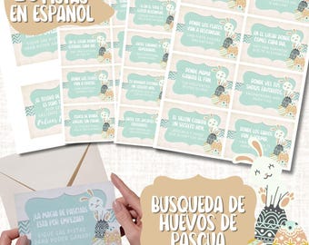 Búsqueda del tesoro de Pascua en español, tarjetas con pistas que riman (imprimibles)