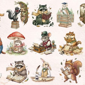May include: A collection of fifteen watercolor illustrations featuring anthropomorphic woodland animals including squirrels, a raccoon, an owl, a hedgehog, a mouse, a fox, and a rabbit engaged in reading, writing, and library activities.
