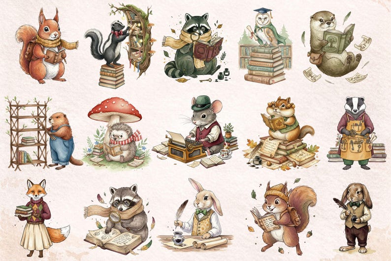 May include: A collection of fifteen watercolor illustrations featuring anthropomorphic woodland animals including squirrels, a raccoon, an owl, a hedgehog, a mouse, a fox, and a rabbit engaged in reading, writing, and library activities.