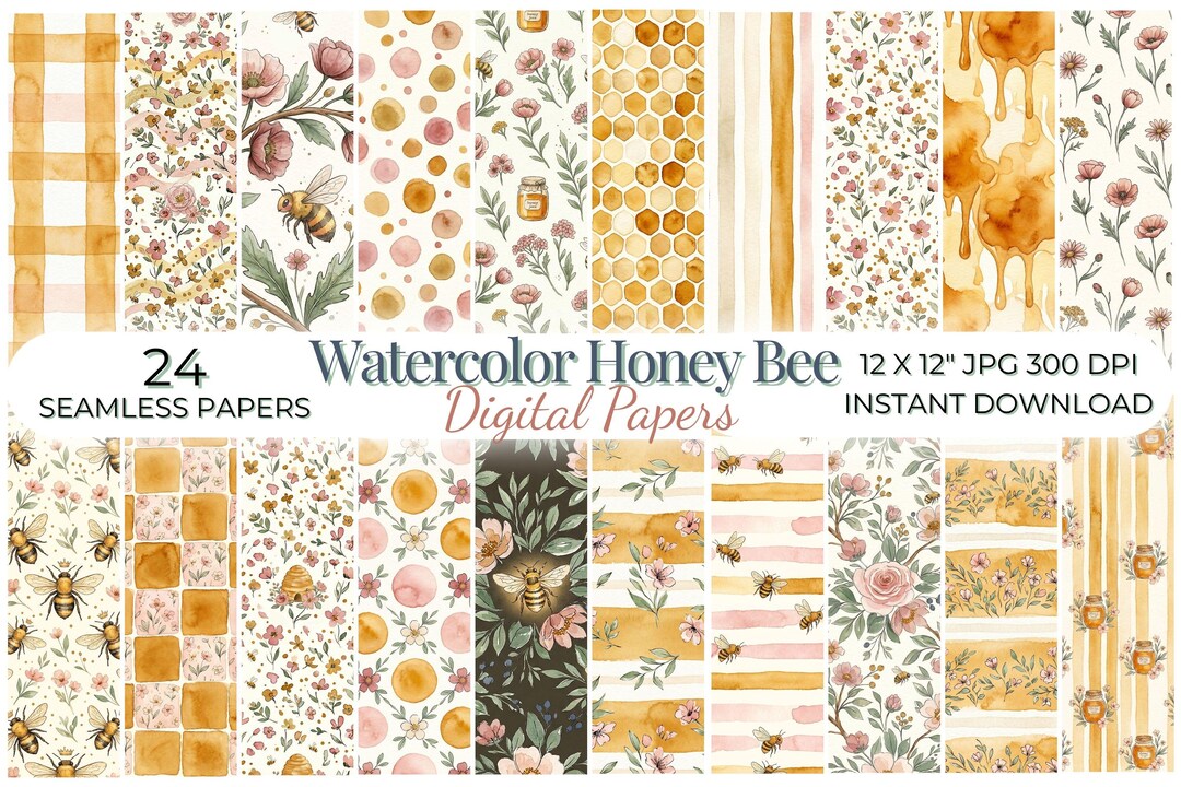Watercolor Honey Bee Digital Paper Pack | Floral Bee Seamless Patterns ...