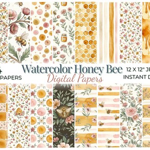 Puede incluir: Una colección de 24 papeles digitales sin costuras en acuarela con temática de abeja y miel. Los diseños incluyen patrones florales, panales y abejas. Los papeles miden 30,48 x 30,48 cm y están disponibles para descarga instantánea.