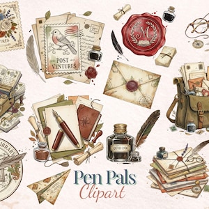 May include: A watercolour illustration featuring vintage stationery items. Includes stamps, envelopes, a typewriter, ink bottles, quills, a satchel, and spectacles. The text "Pen Pals Clipart" is visible.