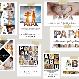 Puede incluir: Un conjunto de seis tarjetas imprimibles para el D&iacute;a del Padre con diferentes dise&ntilde;os con fotos de padres e hijos. Las tarjetas tienen las palabras "Papa" y "Abu" con el texto "te amo feliz dia" en cada tarjeta.