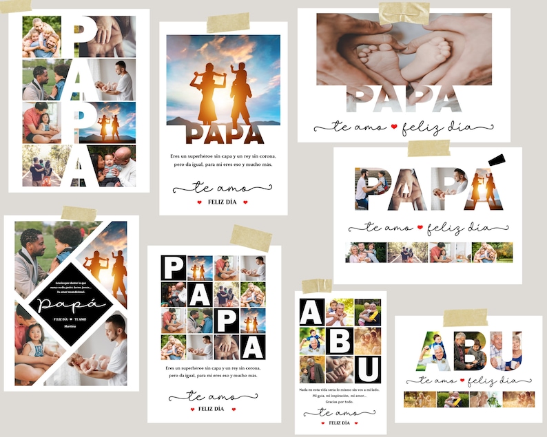 Puede incluir: Un conjunto de seis tarjetas imprimibles para el D&iacute;a del Padre con diferentes dise&ntilde;os con fotos de padres e hijos. Las tarjetas tienen las palabras "Papa" y "Abu" con el texto "te amo feliz dia" en cada tarjeta.