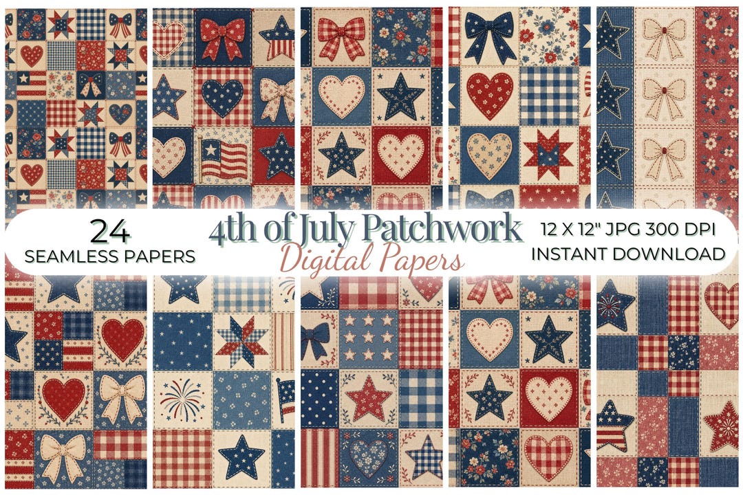 4th of July Faux Patchwork Digital Paper Patriotic Quilt Scrapbook ...
