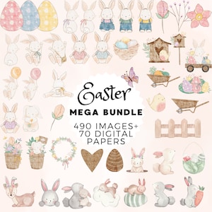 Easter Mega bundle Clipart 490 images and 60 Digital papers scrapbooking Instant download Bunnies clipart Easter bundle Easter watercolor