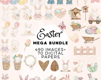 May include: A digital clipart set featuring watercolor illustrations of Easter bunnies, eggs, flowers, and other spring-themed elements. The set includes 490 images and 70 digital papers.