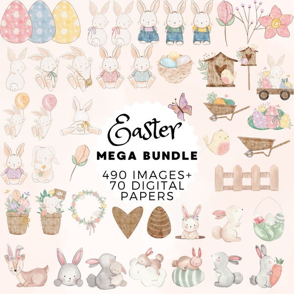 Easter Mega bundle Clipart 490 images and 60 Digital papers scrapbooking Instant download Bunnies clipart Easter bundle Easter watercolor