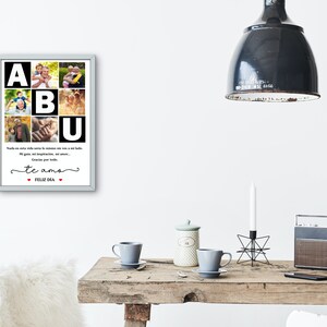 Puede incluir: Un collage de fotos enmarcado con una foto en blanco y negro de una familia. La foto est&aacute; dispuesta en una cuadr&iacute;cula con las letras "ABU" en letras negras grandes. El texto "Nada en este mundo seria lo mismo sin ti, eres una luz en mi vida, mi guia e inspiracion, mi amor. Gracias por todo. Te amo. Feliz dia." est&aacute; escrito debajo de las fotos.