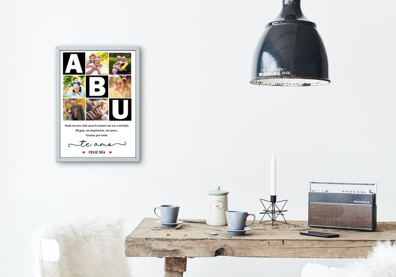 Puede incluir: Un collage de fotos enmarcado con una foto en blanco y negro de una familia. La foto est&aacute; dispuesta en una cuadr&iacute;cula con las letras "ABU" en letras negras grandes. El texto "Nada en este mundo seria lo mismo sin ti, eres una luz en mi vida, mi guia e inspiracion, mi amor. Gracias por todo. Te amo. Feliz dia." est&aacute; escrito debajo de las fotos.