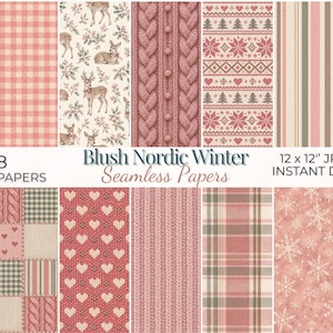 Blush Nordic Winter Digital Paper Pack, Pink Christmas Bundle, Cozy Knit Patchwork Patterns for Winter Scrapbooking