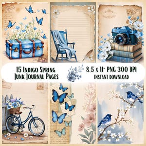 Pagine del diario Indigo Spring Junk, effimeri primaverili, album di ritagli stampabili, carta stampabile, collage digitale, pagine primaverili, collage digitale
