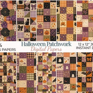May include: A collection of 24 seamless digital papers featuring a Halloween patchwork design. The patterns include squares with pumpkins, black cats, ghosts, bats, witches' hats, brooms, and plaid textures in orange, purple, black, and cream.