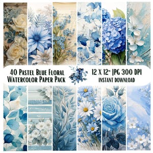 Pastel blue floral digital paper, blue rose watercolor scrapbook paper, abstract wedding floral pattern background, Floral digital paper
