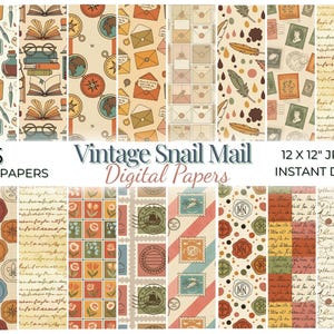 May include: A set of 25 digital papers with a vintage theme. The designs feature keys, books, globes, envelopes, stamps, and handwritten script. The papers measure 30.48 cm x 30.48 cm and are available for instant download. The words "Vintage Snail Mail Digital Papers" are displayed.