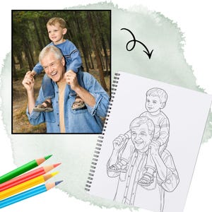 May include: A color photograph of a grandfather carrying a young boy on his shoulders. The grandfather is wearing a denim shirt and the boy is wearing a blue shirt. A black and white line drawing of the same scene is on a spiral notebook.
