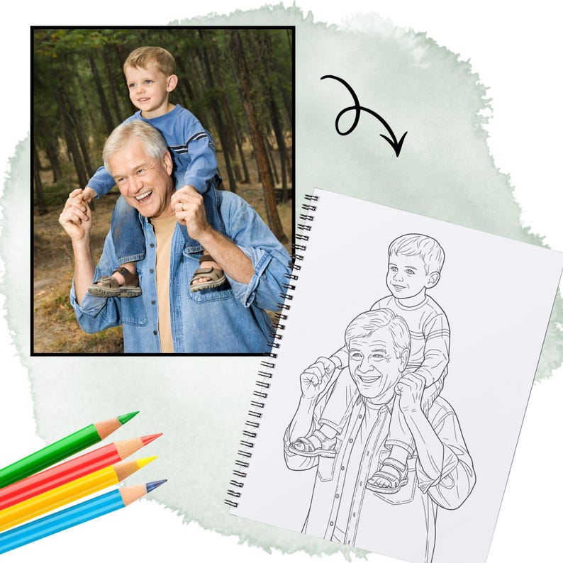 May include: A color photograph of a grandfather carrying a young boy on his shoulders. The grandfather is wearing a denim shirt and the boy is wearing a blue shirt. A black and white line drawing of the same scene is on a spiral notebook.