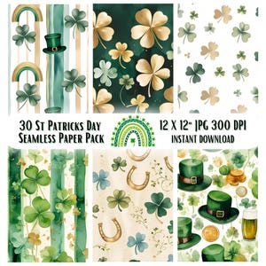 Puede incluir: Un paquete de papel digital con 30 patrones sin costuras con temática del Día de San Patricio. Los patrones presentan tréboles, arcoíris, monedas de oro, sombreros y herraduras en verde, oro y blanco.