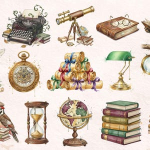 May include: Watercolor illustrations of vintage objects, including a typewriter, telescope, books, pocket watch, and a magnifying glass. The image also features animal characters such as a deer, owl, and bear, all with a scholarly theme.