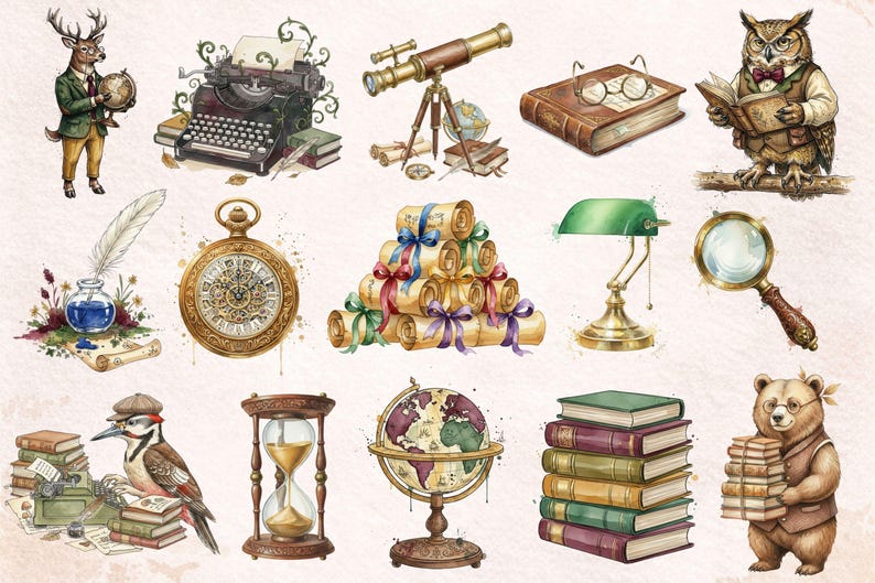 May include: Watercolor illustrations of vintage objects, including a typewriter, telescope, books, pocket watch, and a magnifying glass. The image also features animal characters such as a deer, owl, and bear, all with a scholarly theme.