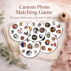 Puede incluir: Un juego de memoria fotográfico personalizado con cuatro tarjetas circulares blancas. Cada tarjeta muestra varias fotografías pequeñas y circulares de personas y mascotas. El texto "Custom Photo Matching Game" y "Turn your photos into a fun spot-it style game" está impreso en marrón sobre las tarjetas.