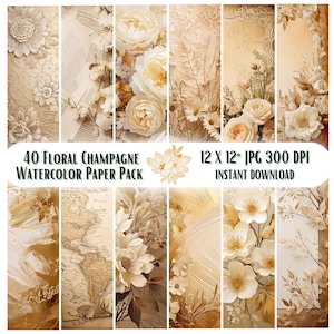 Champagne floral watercolor digital paper, abstract beige shabby chic wedding scrapbook paper, printable boho ephemera, Junk Journal, Lace