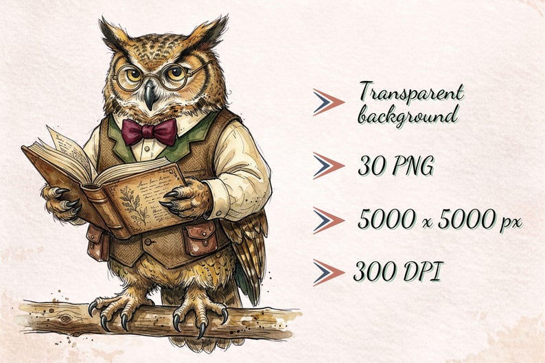 May include: A brown owl wearing round glasses, a cream shirt, a green vest, and a maroon bow tie, holding an open book while perched on a branch. Text reads: Transparent background, 30 PNG, 5000 x 5000 px, 300 DPI.