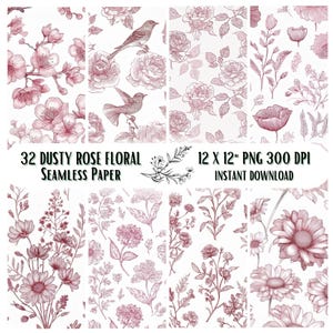 32 Chinoiserie Floral Seamless Patterns, Vintage Floral Patterns, Chinoiserie Digital Papers, Watercolor Floral Seamless Repeating Pattern