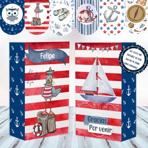 Kit Imprimible Nautico Marinero en acuarelas para Cumpleaños Baby Shower Bautizos. Invitaciones acuarela Candy Bar Cajas imprimibles