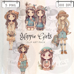 Clipart de Chicas Flower Power Hippies 5 Imágenes PNG en 300 dpi para Proyectos Creativos