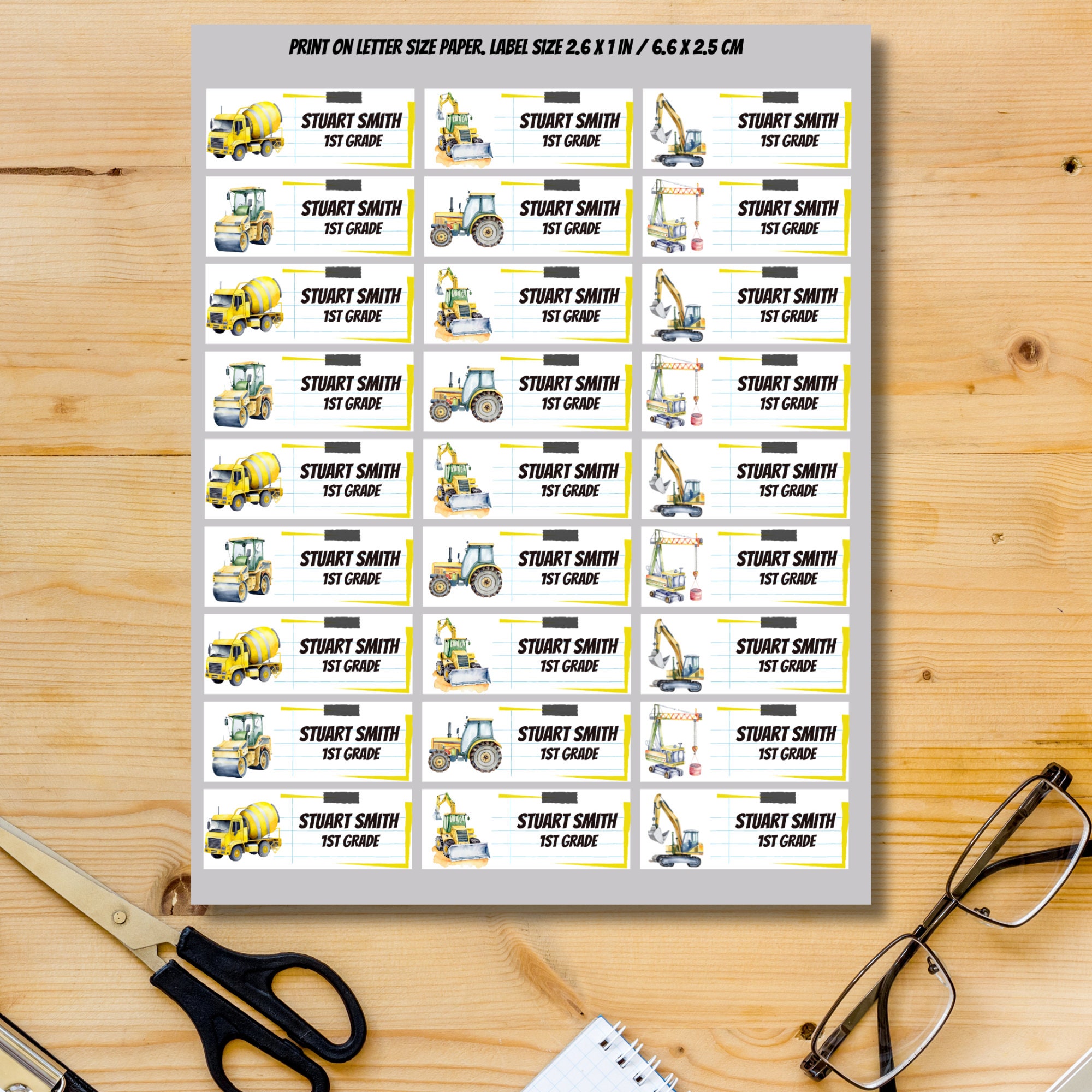 Construction Machines School Labels, Printable Stickers, Editable in ...