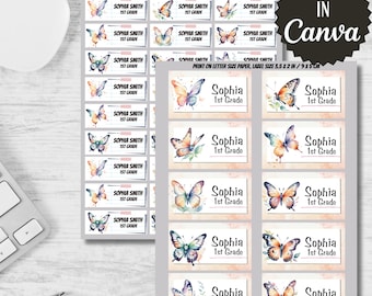 Watercolor Butterfly Labels, Back to School Stickers (Editable in Canva)