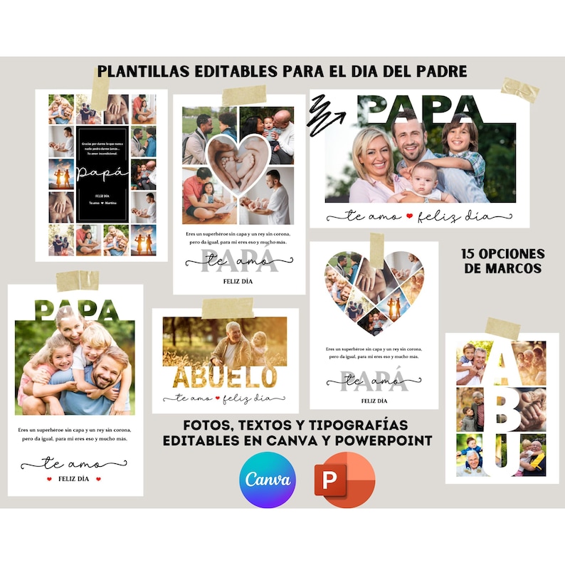 Puede incluir: Un conjunto de plantillas para el D&iacute;a del Padre imprimibles con diferentes dise&ntilde;os que incluyen collages de fotos y texto. Las plantillas son editables en Canva y PowerPoint. El texto incluye "PAPA", "ABUELO" y "te amo".