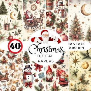 40 nahtlose Vintage-Weihnachts-Digitalpapierpakete, Winterurlaub, alte Weihnachten, festlicher Hintergrund, Zwerge, Weihnachtsmann, Rentier-Weihnachtsmuster