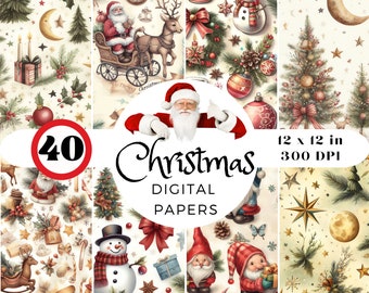 May include: A set of 40 digital Christmas paper designs. The papers feature a variety of festive elements, including Santa Claus, reindeer, snowmen, gnomes, stars, and ornaments. The papers are 12 x 12 inches and 300 DPI.