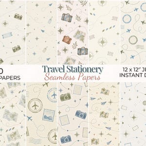Op de afbeelding: Een collectie van 20 digitale papieren met reisthema-illustraties waaronder vliegtuigen, koffers, camera's, kaarten, kompassen en postzegels op een crèmekleurige achtergrond. De tekst luidt 20 DIGITAL PAPERS Travel Stationery Seamless Papers 12 x 12" JPG 300 DPI INSTANT DOWNLOAD.