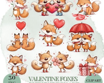 Quirky Furry Valentine Fox Duo Clipart Bundle | Romantic Sketch Animals Set