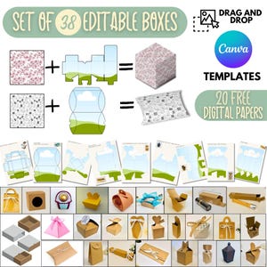 38 boîtes imprimables modifiables + 20 papiers numériques, boîte en forme, boîte-cadeau de fête, boîte de faveur de fête, canva modifiable, conceptions de boîtes-cadeaux personnalisables