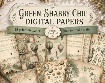 Green Shabby Chic Digital Papers, Vintage Floral Junk Journal